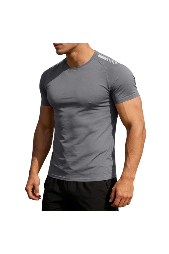 Slim Fit Athletic Shirts for Men Short Sleeve Crew Neck Lightweight Breathable Tees Performance Apparel Workout Tops for Sports Gray L