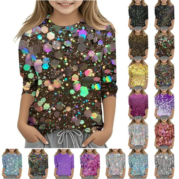 JTSRKL Sparkly Party Tops for Kids Girls Cute Summer Graphic T-Shirts Trendy Three Quarter Length Sleeve Crewneck Pullover Blouse Lightweight Comfy Tunic Blouse for Leggings Black#01 9-10 Years
