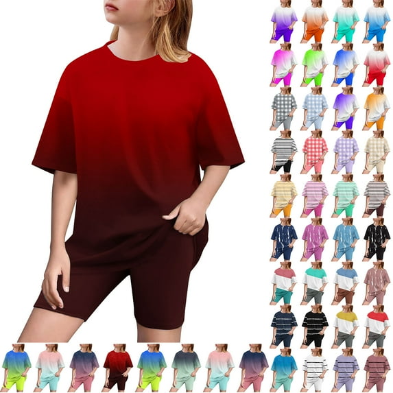 JTSRKL Summer Outfits for Girls Cute Tie Dye Gradient Color/Striped/Color Block/Plaid Printed Short Sleeve Crewneck Top T-Shirt & Biker Shorts Set 2 Piece Tracksuit C-Pink 12-13 Years