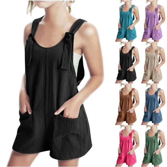 JTSRKL Summer Short Romper for Kids Girls Loose Fit Overalls Casual Solid Color Adjustable Tie-Up Front Knot Sleeveless Jumpsuit with Pockets Pink 11-12 Years