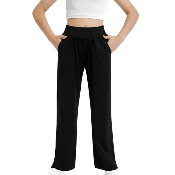 JTSRKL Teen Girls Wide Leg Sweatpants Cute Kids Casual Smoked High Elastic Waist Baggy Pants with Pockets Black 5-6 Years