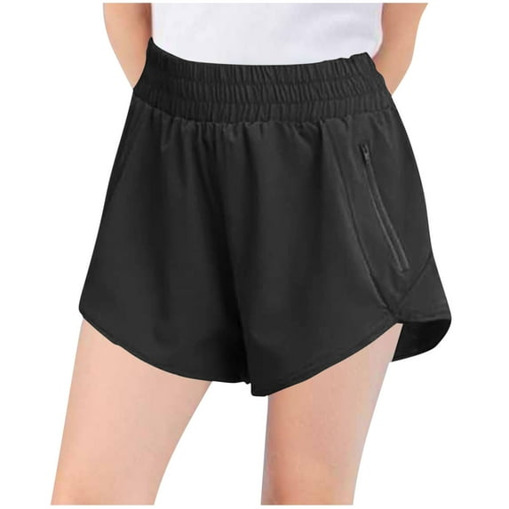 JTSRKL Teen Girls's Summer Athletic Shorts High Waisted Running Shorts Sporty Short Gym Smoked Elastic Workout Shorts with Zipper Pockets Black 3-4 Years