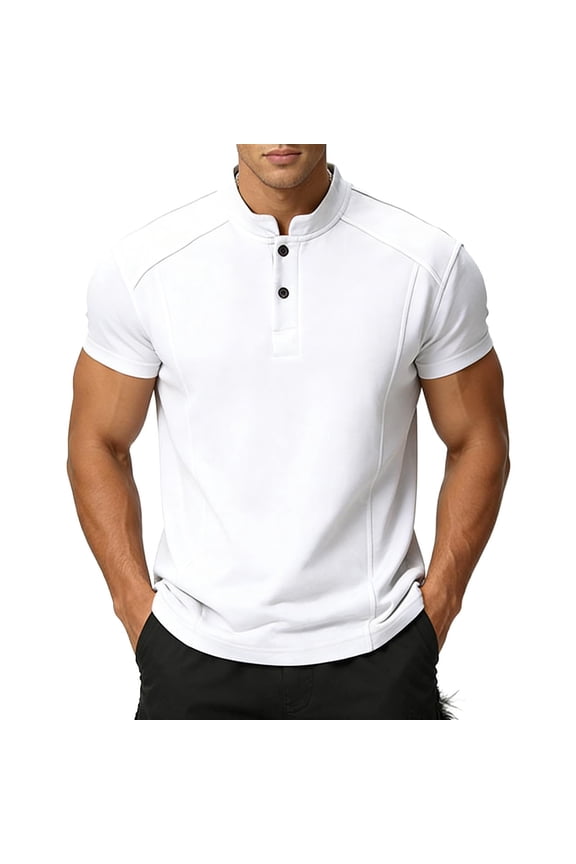 Henley Button Short Sleeve Tops for Men Solid Color Textured Soft Splice Design Shirts Casual Loose Summer Vacation Stylish Tees White XS