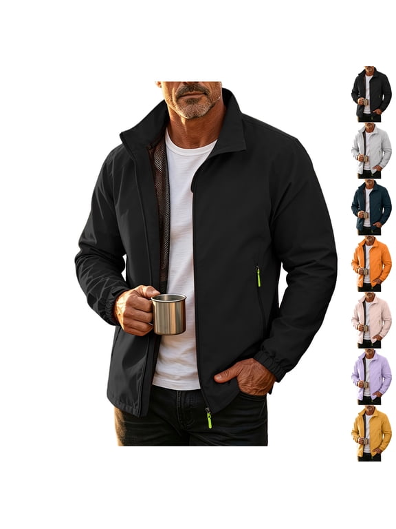 Windbreaker Jackets for Men Lightweight Stand Collar Zip Up Fleece Lined Softshell Coats Waterproof Rain Casual Hiking Daily Outerwear