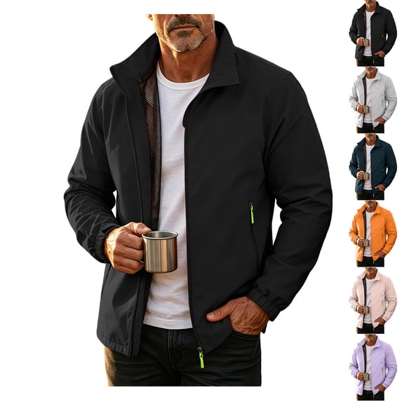 JTSRKL Windbreaker Jackets for Men Lightweight Stand Collar Zip Up Fleece Lined Softshell Coats Waterproof Rain Casual Hiking Daily Outerwear