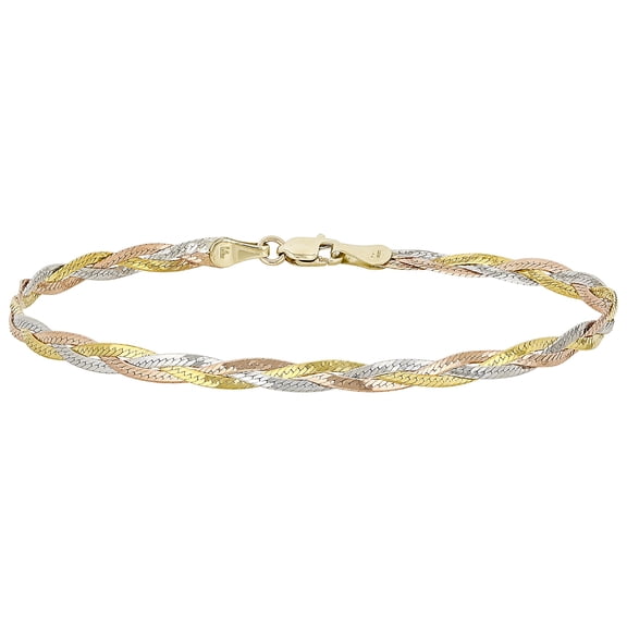 JTV 10K Tri-Color Gold 3.4mm Braided Herringbone 7.5 Inch Bracelet