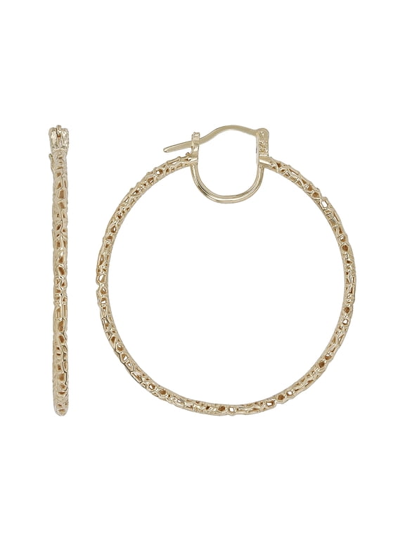 18K Yellow Gold Over Sterling Silver Hoop 40mm Thin Filigree Earrings