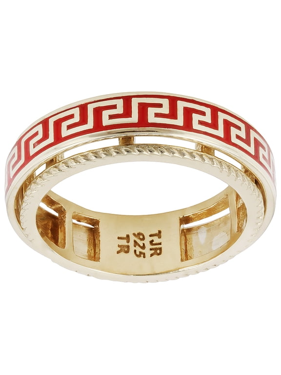18K Yellow Gold Over Sterling Silver & Red Enamel Band Greek Key Design Ring