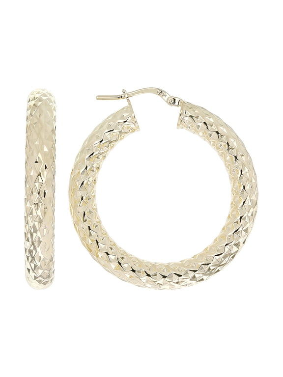 18k Yellow Gold Over Bronze Cross Hatch Diamond Cut Hoop Earrings