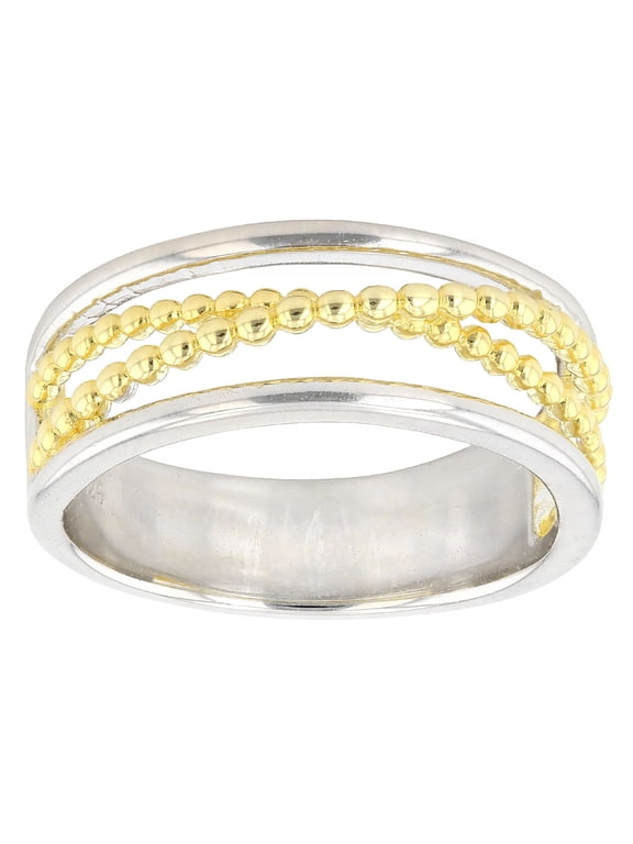 18k Yellow Gold & Rhodium Over Sterling Silver Polished And Bead Textured Crossover Ring
