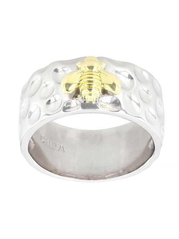 Rhodium & 18K Yellow Gold Plated Honeycomb & Bee Band Ring