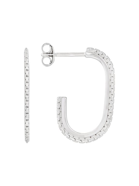 Rhodium Over Sterling Silver 1.2mm Chain Link Textured J-Hoop Earrings