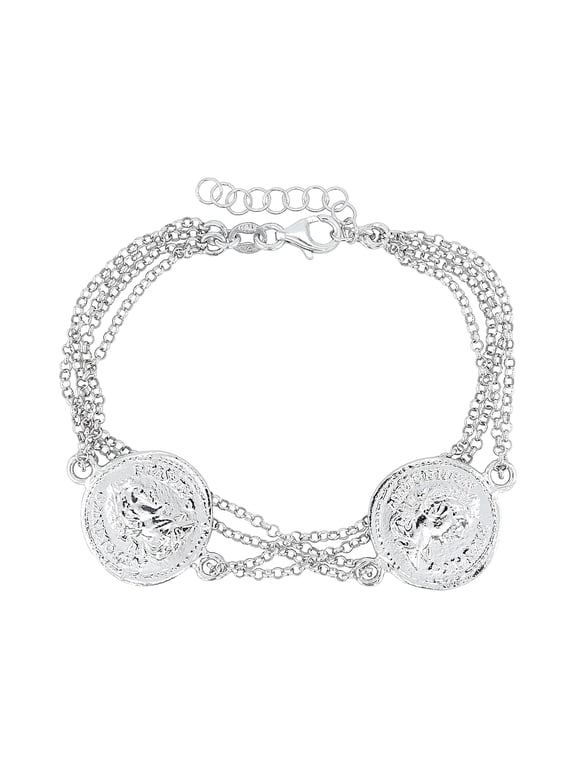 Rhodium Over Sterling Silver Coin Station Bracelet