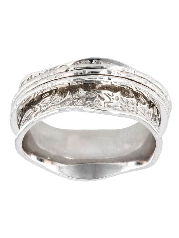 Rhodium Plated Hammered Spinner Band Ring