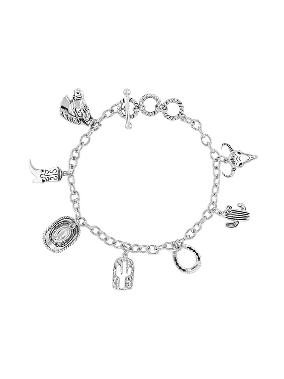 Rhodium Plated Southwestern Motif Charm Bracelet