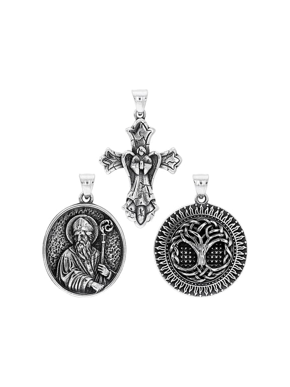 Stainless Steel Cross, Tree of Life, & Religious Motif Set of 3 Pendants