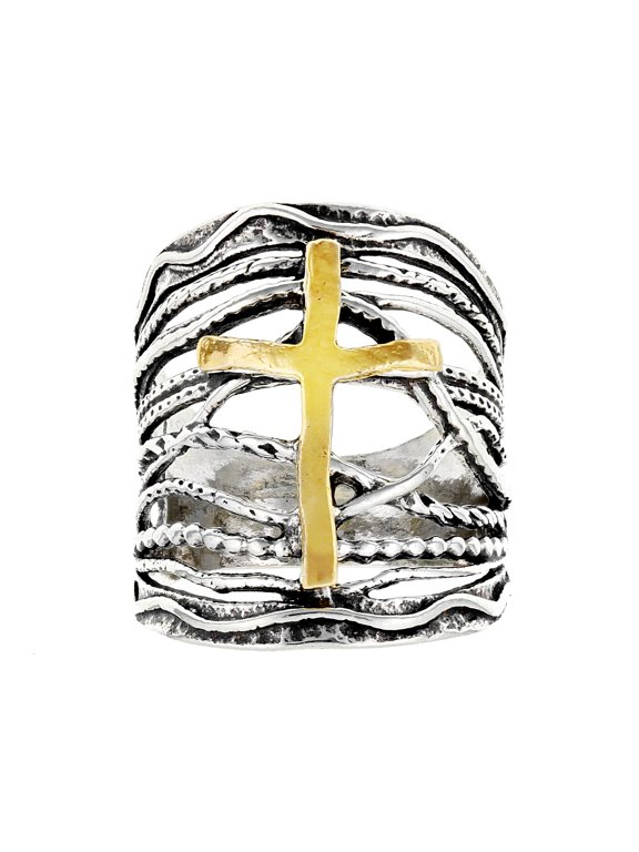 Sterling Silver & 14K Yellow Gold Over Sterling Silver Statement Cross Ring