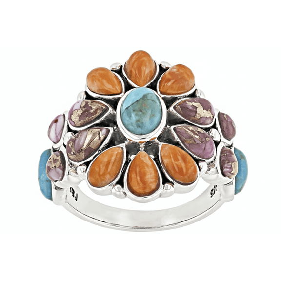 JTV Sterling Silver Blue Composite Turquoise & Multi-Color Spiny Oyster Shell Ring, Size 9