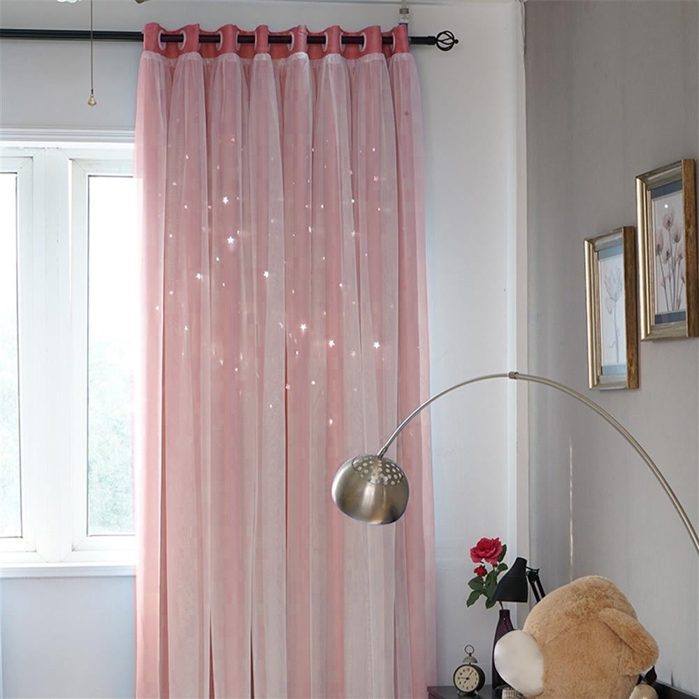 JTWEB 2PCS Blackout Curtains Grommets Princess Star Hollowed Window Curtains for Girls Kids Room Living Room, Bedroom, Window Decor Light Blocking Voile Pink 39“*63“