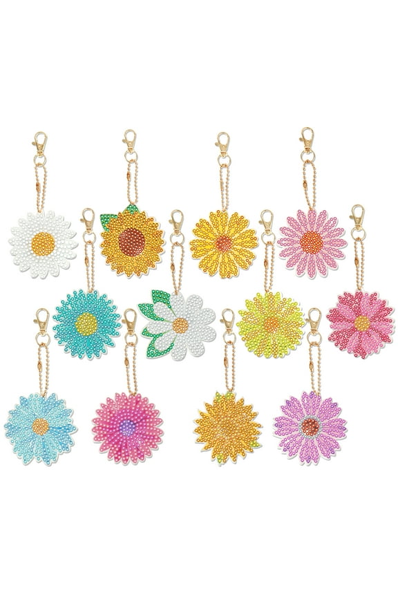 12pcs Diamond Painting Keychain Set,DIY Rhinestone Daisy Keychain Pendant Double-Side Kit Crystal Rhinestones Charms Gift for Phone,Wallet,Backpack,Handbag,Key