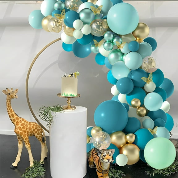 JTWEEN 133Pcs Dark Teal Balloons Garland Arch Kit Double-Stuffed Blue Green Balloons Reusable Turquoise Sequined Balloon Set with Butterfly Latex Metallic Gold Balloons Kit