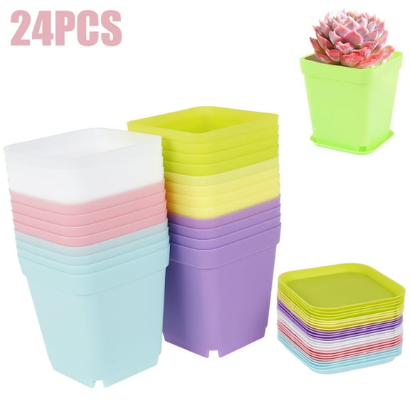 JTWEEN 24pcs Small Plant Pots with Tray Plastic Square Flower Pots Planter Container for Room Office Garden Decor