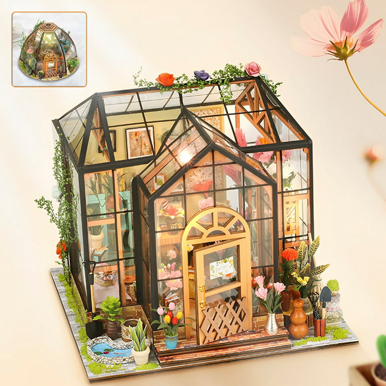 Jtween DIY Miniature House Kit Tiny House Kit with Furniture,Miniatures Dollhouse Kit Miniature Greenhouse DIY Craft Kits for Adult to Build Tiny