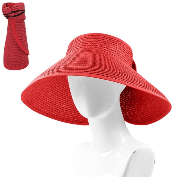 JTWEEN Foldable Straw Sun Visors Rollable Ladies Wide Brim Straw Sun Visor Hat Adjustable Topless Summer Beach Hat Roll-Up UV Protection Beach Cap for Women Girls Summer Beach Travel