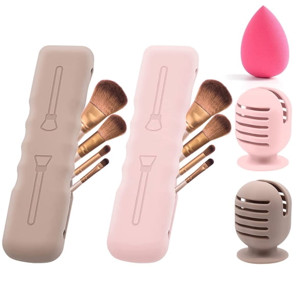 JTWEEN Makeup Brush Sponge Holder,Integrated Makeup Brush and Sponge Travel Case,Silicone Fashionable and Portable Makeup Holder Magnetic Anti-fall Out (pink,light brown)