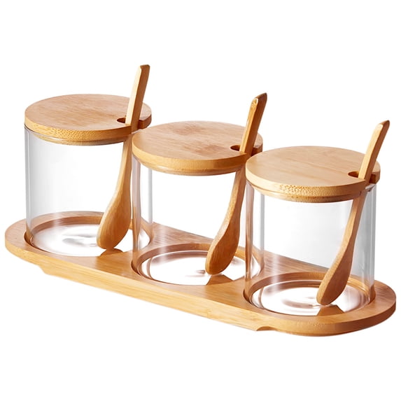 JTWEEN Set of 3 Condiment Jar with Bamboo Lid,Glass Sugar Bowls Sugar Salt Container Set with Lids and Spoons for Home Kitchen Salt Sugar Pepper Spice
