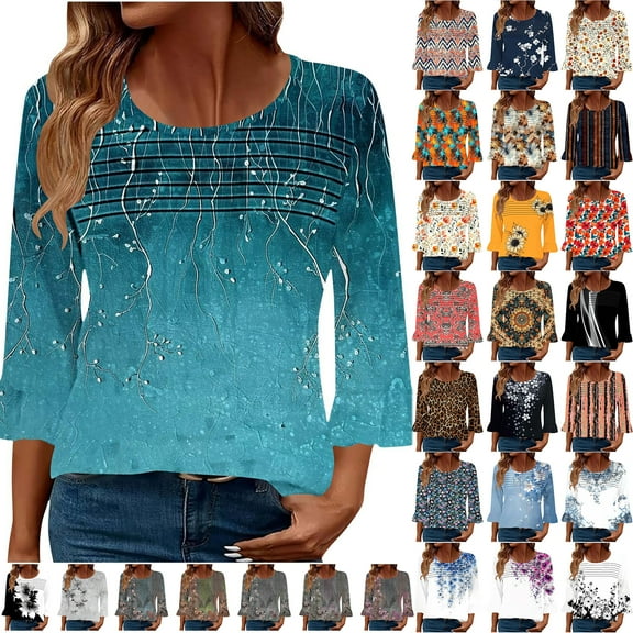 JTZGDY 3/4 Bell Sleeve Tops for Women Business Casual Summer Boho Floral Printed Ruched Crewneck Tunic T-Shirts Loose Fit Comfy Pullover Blouses Multicolor#17 XL