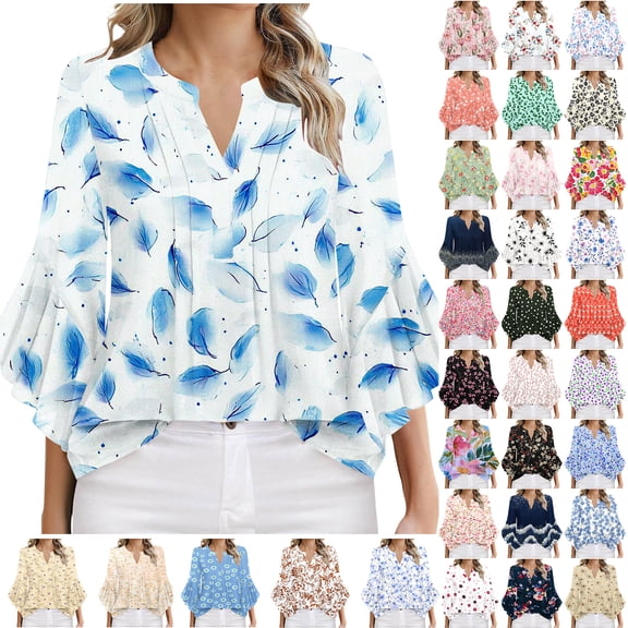 JTZGDY 3/4 Bell Sleeve Tops for Women Lightweight Casual Floral Printed Summer V Neck Ruched Pleated Tunic Blouse Loose Flowy Comfy Ruffled T-Shirts Hot Pink S