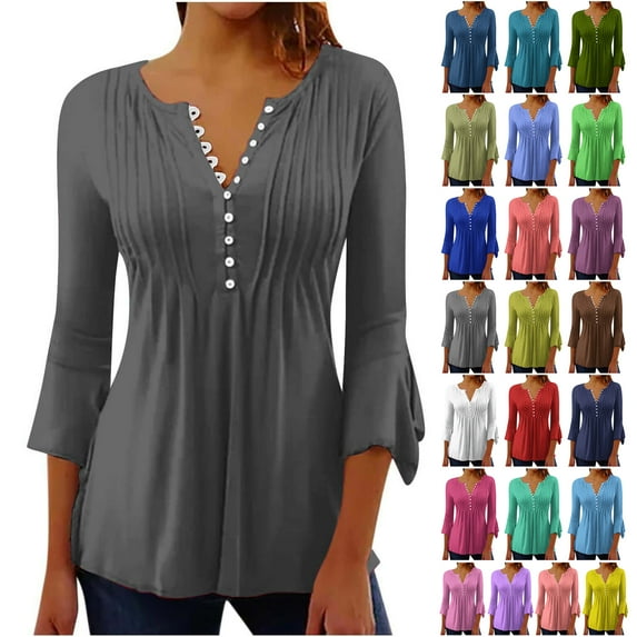 JTZGDY 3/4 Length Sleeve Tops for Women Dressy Casual Summer Bell Sleeves Button V Neck Ruched Pleated Tunic Blouse Trendy Loose Plain Tees Shirt Hot Pink S