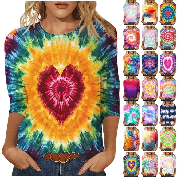 JTZGDY 3/4 Length Sleeve Tops for Women Dressy Causal Tie Dye Gradient Color Print Summer Crew Neck Basic Tees Trendy Oversized Soft Cotton Tunic Blouse for Leggings Hot Pink#01 M