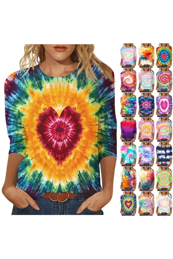 3/4 Length Sleeve Tops for Women Dressy Causal Tie Dye Gradient Color Print Summer Crew Neck Basic Tees Trendy Oversized Soft Cotton Tunic Blouse for Leggings Orange L