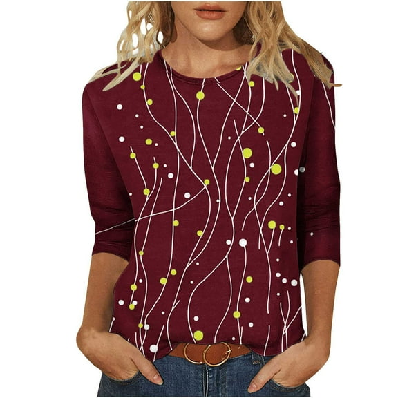 JTZGDY 3/4 Length Sleeve Womens T Shirts Cute Floral Printed Round Neck Tunic Blouse Loose Oversized Dressy Casual Pullover Tops Fall Outfit Clothes 2025 Wine S