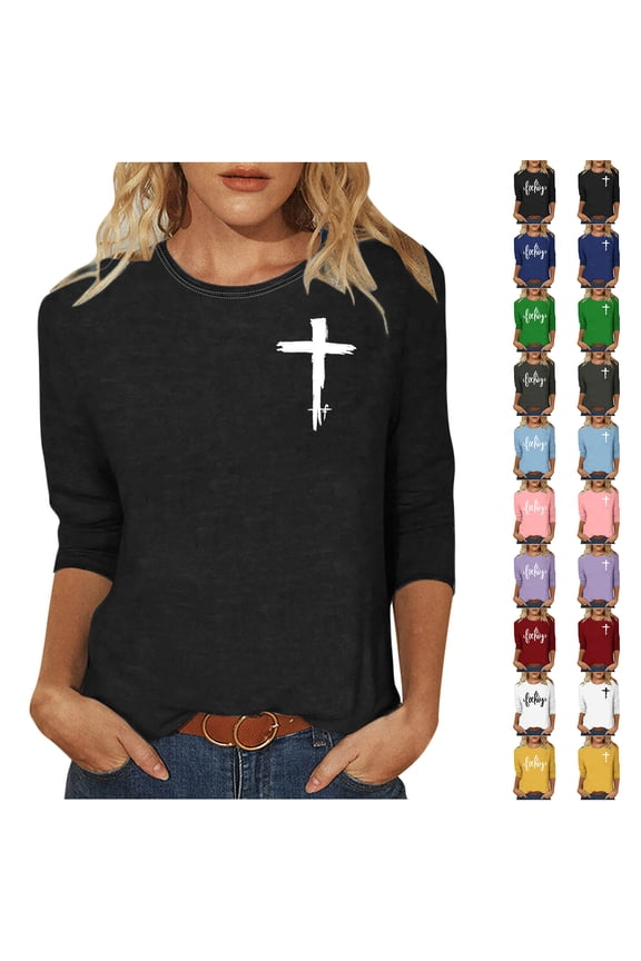 3/4 Length Sleeve Womens Tops Fashion Cross Inspirational Religious Christian T-Shirt Funny Print Tees Shirt Oversized Crewneck Tunic Blouse A-Green S