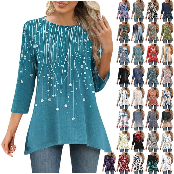 JTZGDY 3/4 Sleeve Boho Floral Tunic Tops for Women Loose Fit Dressy Casual Irregular Hem Blouse Trendy Crewneck Flowy Graphic T-Shirts to Wear with Leggings Gray#02 XL