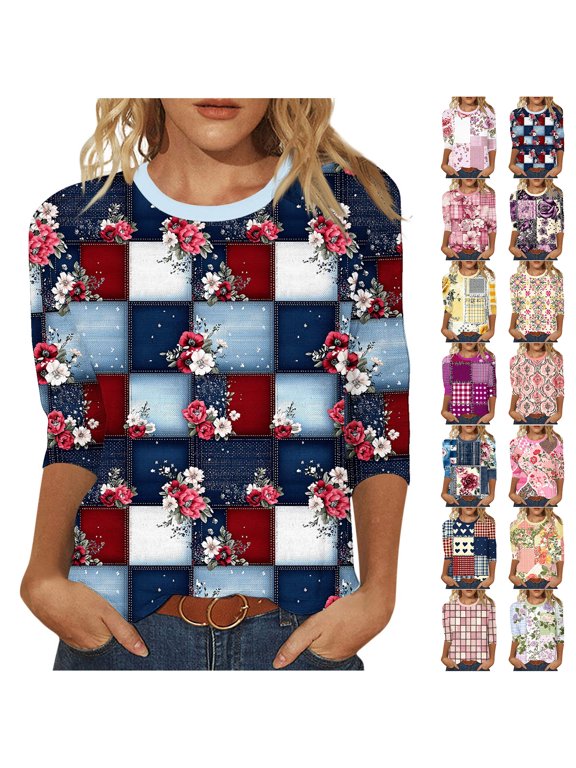 3/4 Sleeve Floral Tops for Women Fashion Summer Vintage Color Block Print Crewneck Graphic T-Shirts Loose Oversized Dressy Casual Tunic Blouses