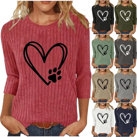 JTZGDY 3/4 Sleeve Sweater Tops for Women Cute Heart Print Ribbed Knit Three Quarter Length Sleeves T-Shirts Loose Oversized Dressy Casual Tunic Blouse Red XL