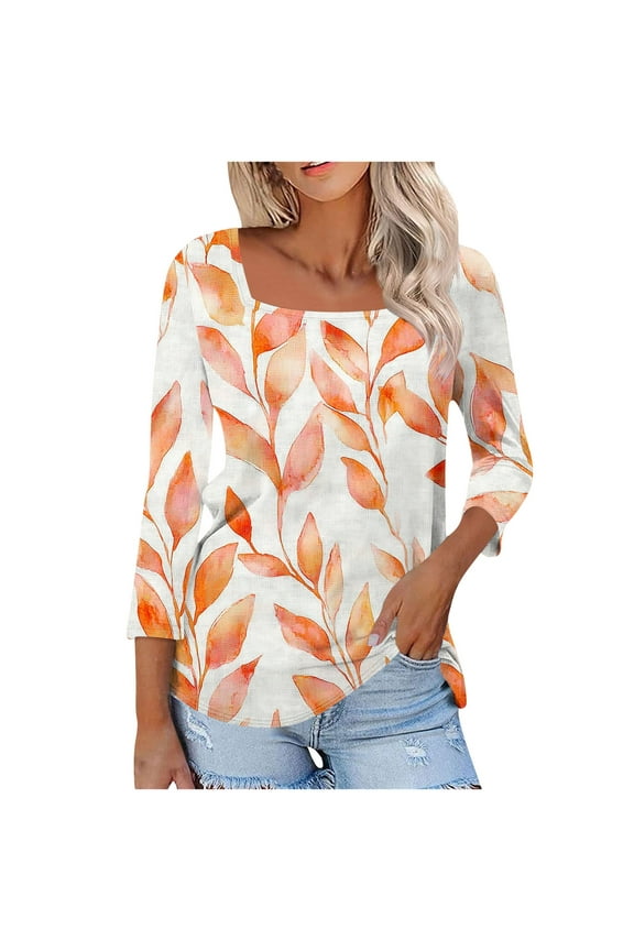 3/4 Sleeve Tops for Women Boho Floral Printed Summer Square Neck Graphic Basic Tees T-Shirts Loose Fit Casual Dressy Tunic Blouse for Leggings Orange#03 L