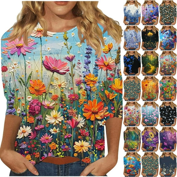 JTZGDY 3/4 Sleeve Tops for Women Cute Summer Floral Printed Three Quare Legnth Sleeves Basic Crewneck Tunic Blouse Loose Oversized Dressy Casual Graphic T-Shirts Multicolor#01 XL