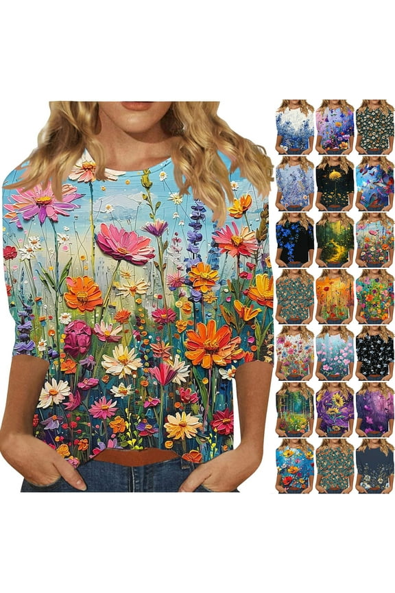 3/4 Sleeve Tops for Women Cute Summer Floral Printed Three Quare Legnth Sleeves Basic Crewneck Tunic Blouse Loose Oversized Dressy Casual Graphic T-Shirts Multicolor#01 XL