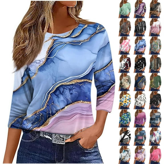 JTZGDY 3/4 Sleeve Tops for Women Dressy Casual Boho Floral Printed Summer Crewneck Basic Graphic T-Shirts Trendy Oversized Comfy Female Tunic Blouses Black#03 XXXXXL