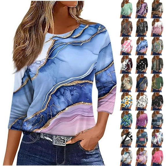 JTZGDY 3/4 Sleeve Tops for Women Dressy Casual Boho Floral Printed Summer Crewneck Basic Graphic T-Shirts Trendy Oversized Comfy Female Tunic Blouses Black#01 XL