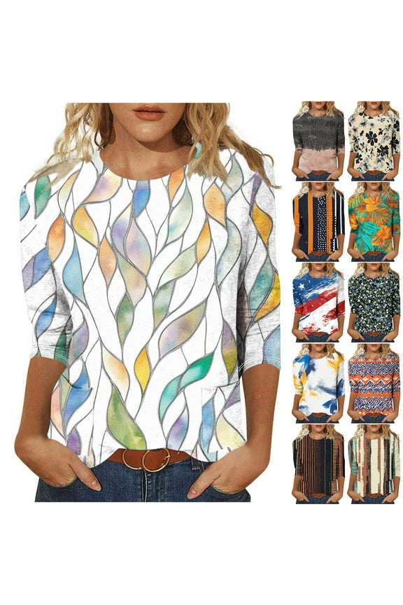 3/4 Sleeve Tops for Women Dressy Casual Summer Color Block Print Crewneck Graphic T-Shirts with Pockets Loose Oversized Cotton Tunic Blouse White#01 XL