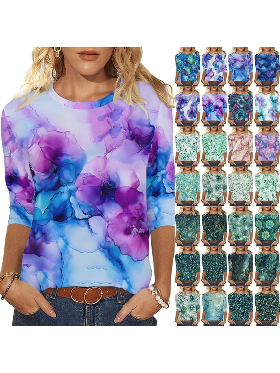 3/4 Sleeve Tops for Women Dressy Casual Summer Tie Dye Gradient Color Print T-Shirts Lightweight Comfy Floral Pattern Graphic Tunic Tees Blouse Multicolor#07 L