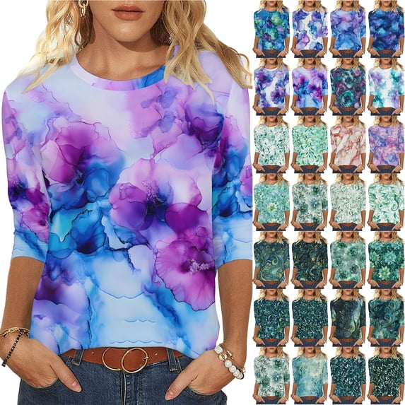 JTZGDY 3/4 Sleeve Tops for Women Dressy Casual Summer Tie Dye Gradient Color Print T-Shirts Lightweight Comfy Floral Pattern Graphic Tunic Tees Blouse Multicolor#12 XXL