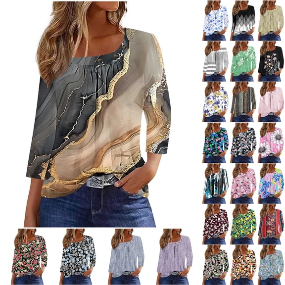 JTZGDY 3/4 Sleeve Tops for Women Trendy 2025 Printed Summer Ruched Pleated Button Asymmetric Square Neck Tunic Blouse Loose Relaxed Fit Cozy Pullover T-Shirts Yellow#01 M