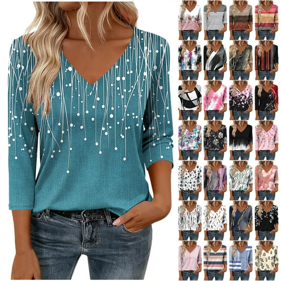 JTZGDY 3/4 Sleeve Tops for Women Dressy Casual Summer V Neck Floral Pattern Graphic T-Shirts Loose Fit Comfy Tunic Blouse for Leggings Pink#01 XXL